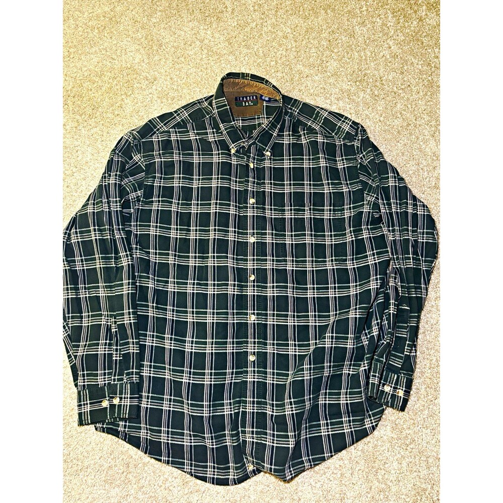 Trader Bay Men’s XL Green/White Plaid Long Sleeve Button-Up Shirt, Cotton